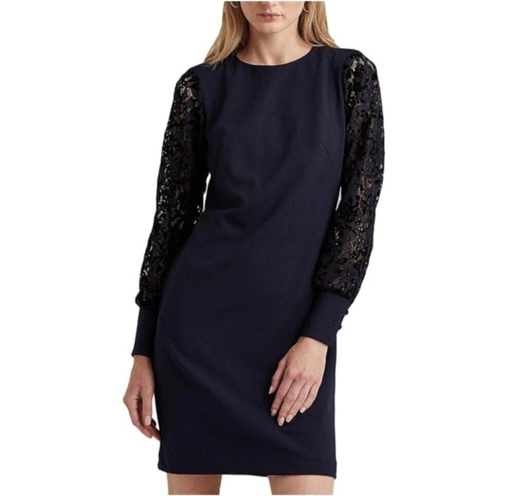Ralph Lauren Navy Blue Cocktail Party Dress Lace Long Sleeve Mini Shift Size 8